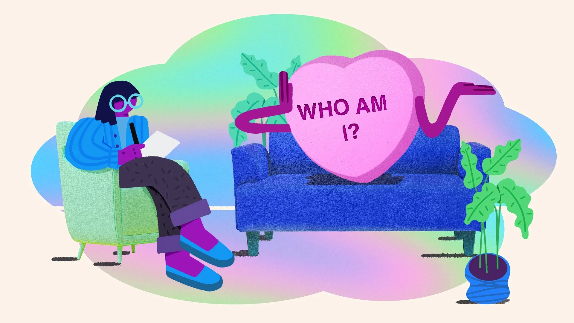 A cartoon of a woman with glasses sitting on a green chair, holding a paper and a pen, facing a large pink heart-shaped object on a blue couch. The heart has a worm-like extension and the words "WHO AM I?" written on it. There are green indoor plants in pots around them.