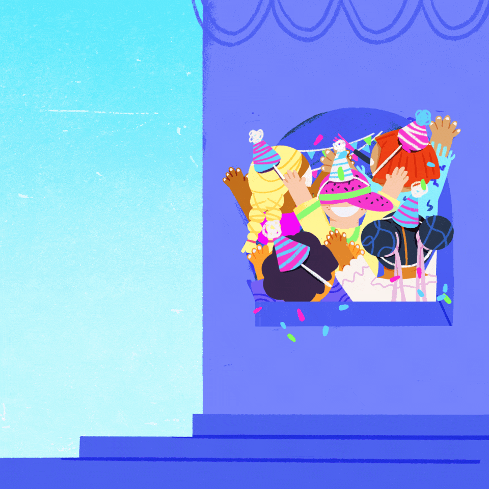 A group of friends celebrating a birthday with party hats, confetti, and a birthday cake with lit candles in a decorated room.