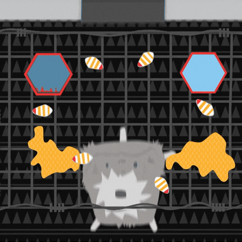 Cartoon hamster behind a black cage with two blue hexagon signs, honey or cookie-shaped objects, and chewed-up snack pieces.