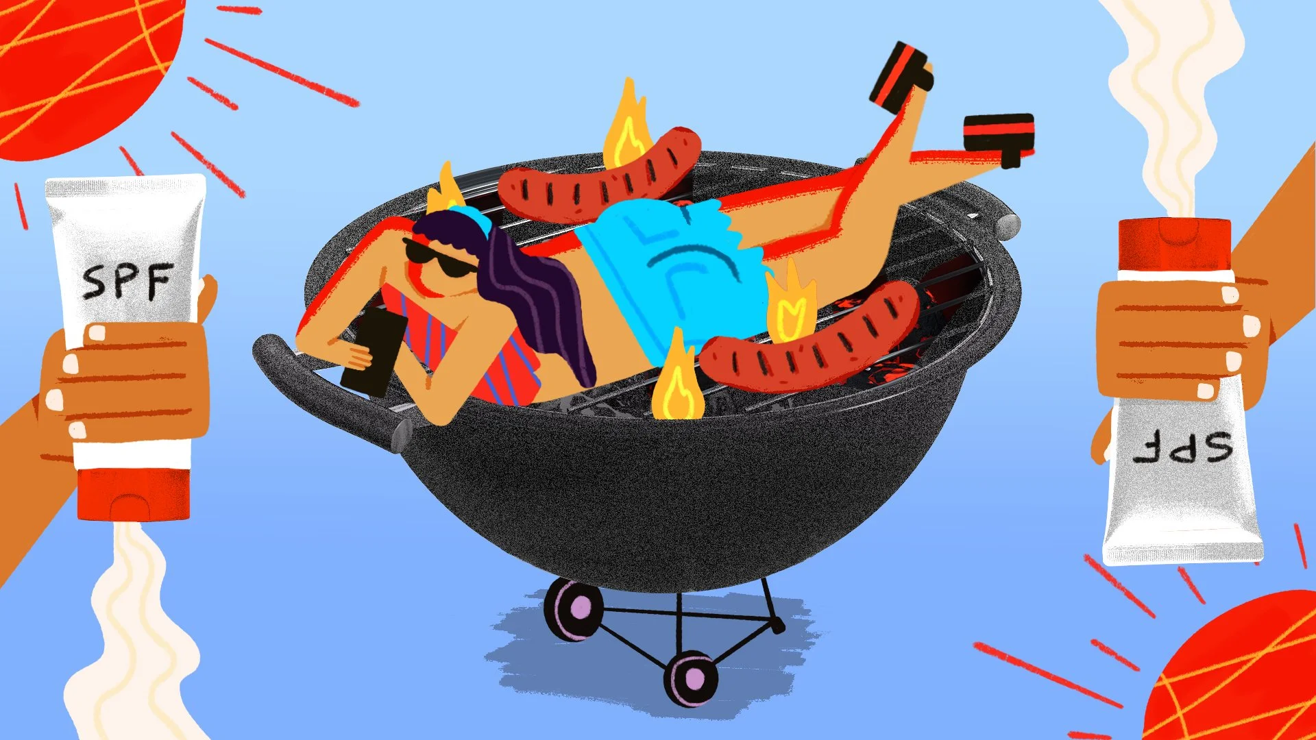 A woman sunbathes on a BBQ grill, wearing sunglasses, a swimsuit, and a towel on her head, surrounded by hot dogs with flames. Two hands hold bottles of sunscreen labeled 'SPF'. The background features a blue sky and stylized suns with red rays.