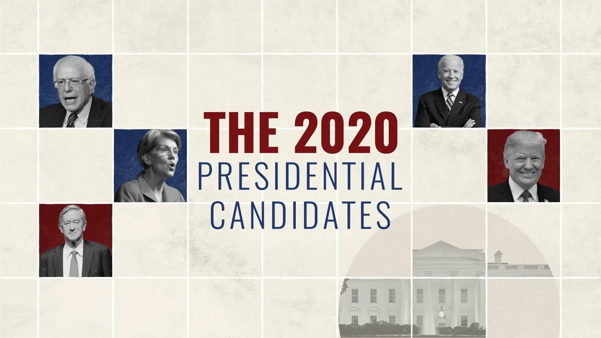 Graphic showing candidates from the 2020 U.S. presidential election, with images of Bernie Sanders, Elizabeth Warren, Joe Biden, Michael Bloomberg, and Donald Trump, along with the text "The 2020 Presidential Candidates".
