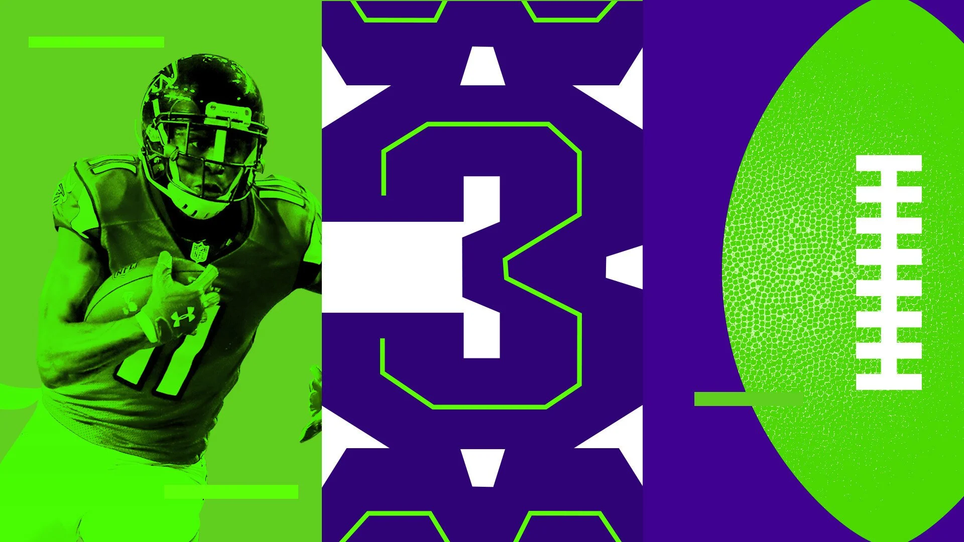Green and purple graphic featuring an American football player in a green uniform holding a football, a large number 3 in a stylized font, and a green football illustration on the right.