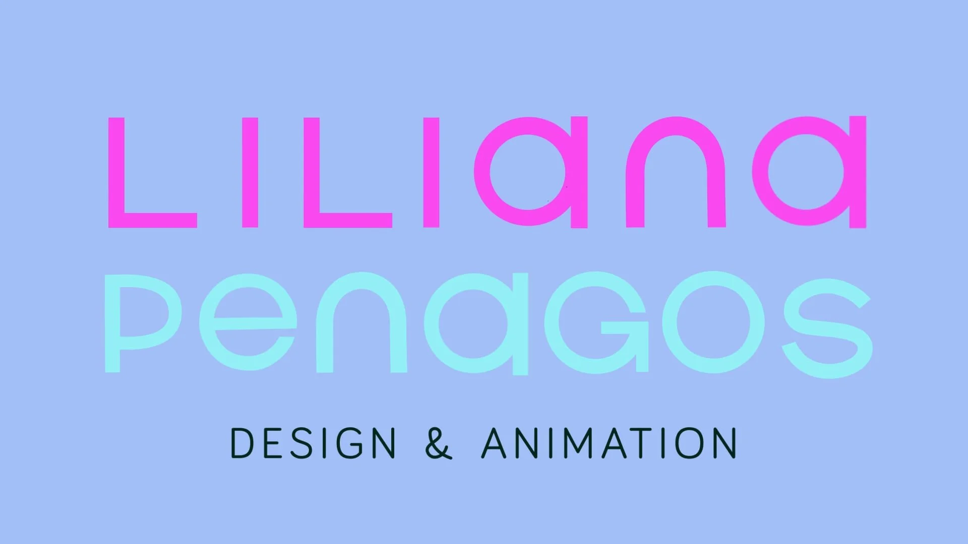 Colorful animated text saying "Lillian Penggos Design & Animation" with a light blue background and vibrant pink, purple, and black fonts.
