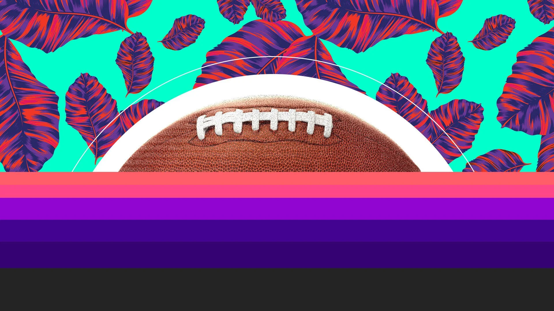 A digitally designed image of a football with a white lace, set against a background of vibrant rainbow-colored stripes and purple tropical leaves on a bright turquoise background.