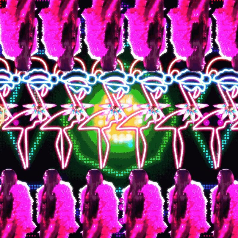 Bright neon lights with pink, blue, green, and yellow colors forming abstract patterns and shapes. Reflection of the lights on a glossy surface, creating a symmetrical visual effect.