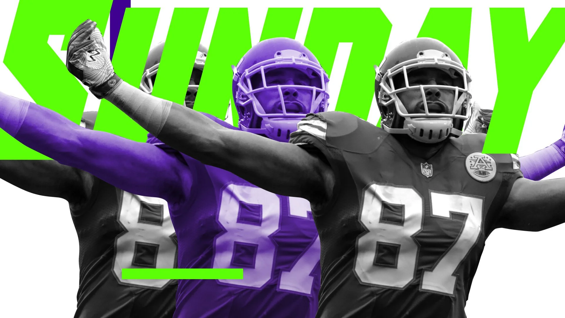 Black and white football players with color accent, celebrating with arms outstretched, one in a purple jersey and others in black jerseys, with bright green text and design elements in the background.