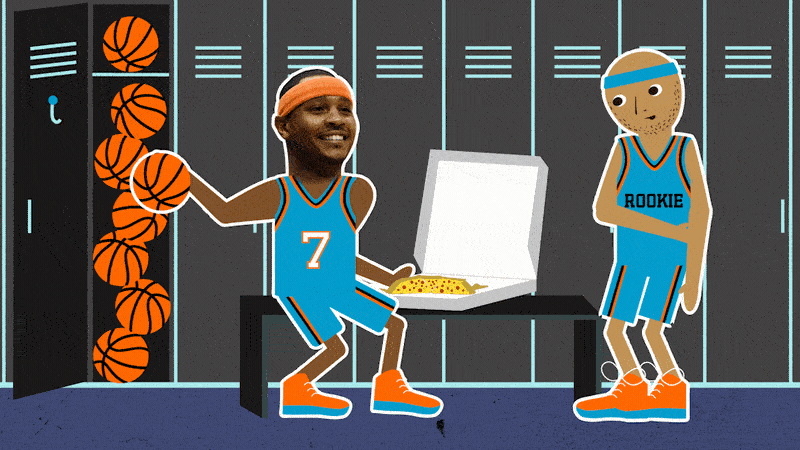 A cartoon illustration of a basketball locker room with two players. One player, with a human face, is sitting on a bench near a box of pizza and is holding a basketball. The other player, with a cartoon face and a puzzled expression, is standing nearby. Both players are wearing blue basketball uniforms with orange shoes.