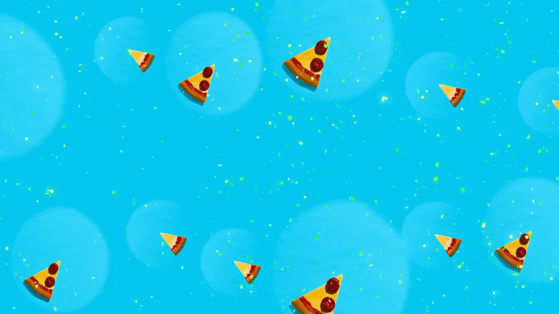 Multiple small slices of pepperoni pizza floating against a blue background with green confetti and light circles.