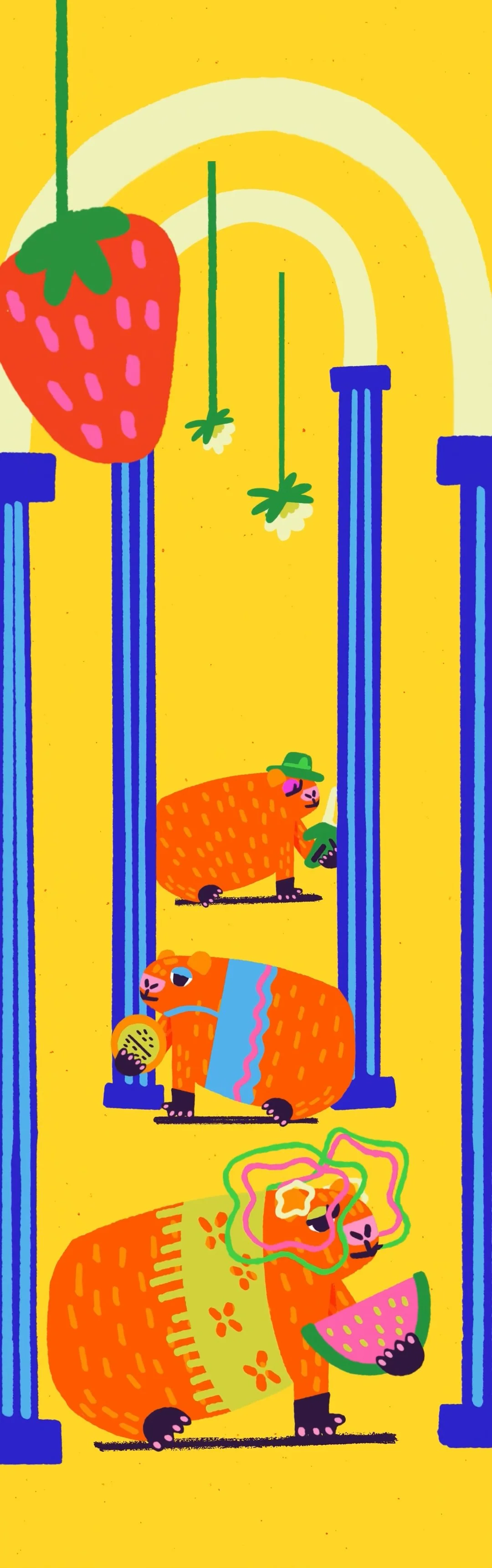 Colorful illustration of a giraffe on a swing holding a slice of watermelon, with other giraffes wearing sunglasses and hats, set against a bright yellow background with a rainbow and hanging strawberries.