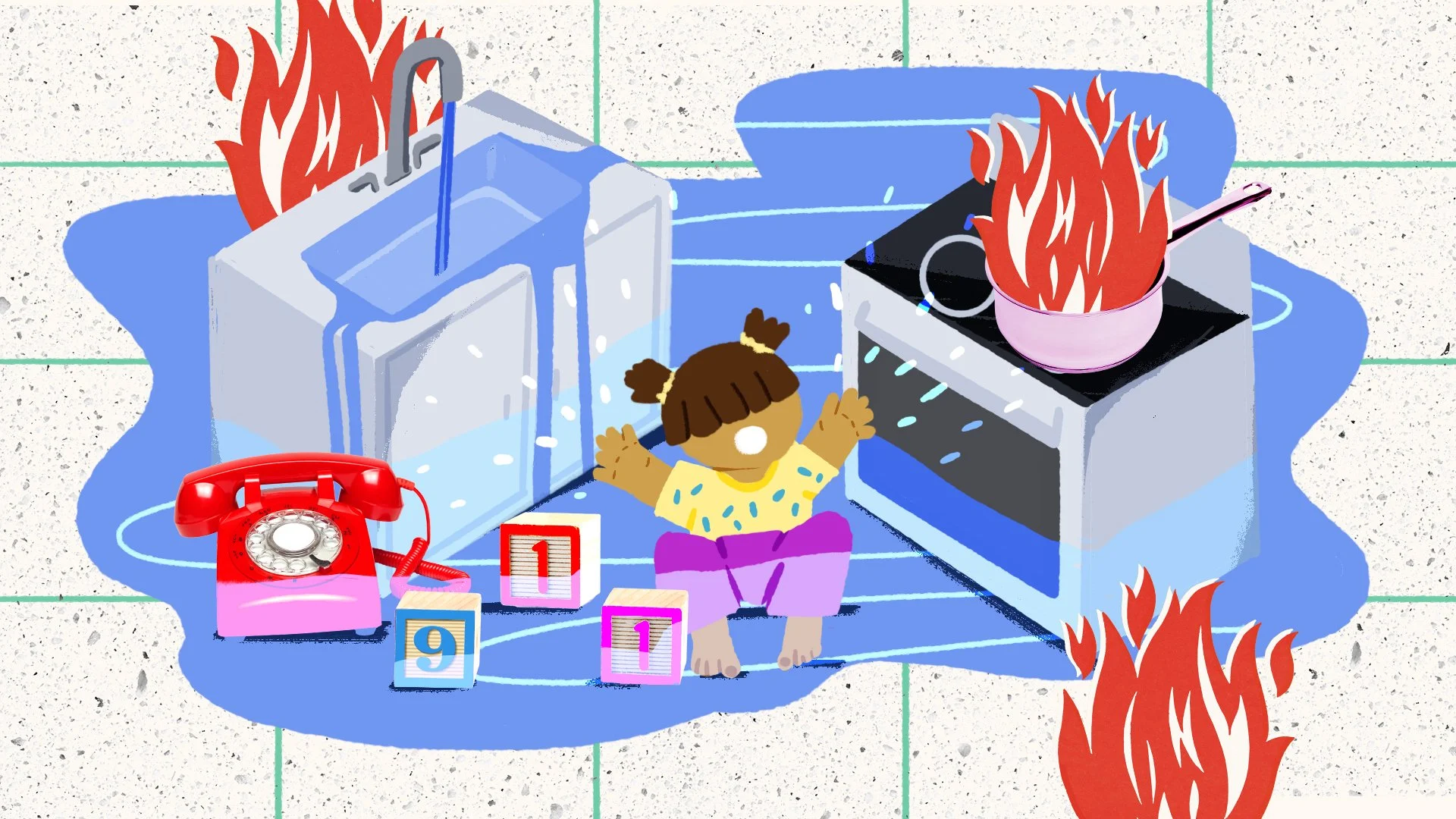 A cartoon illustration showing a kitchen on fire with flames coming from the stove and the refrigerator, a girl is sitting on the floor with her arms outstretched, surrounded by blocks with the numbers 9, 1, and 1, and a red rotary phone is nearby.