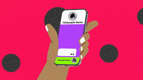 Illustration of a hand holding a smartphone with an app called 'Postsynaptic Neuron' on the screen, set against a pink background with black polka dots.
