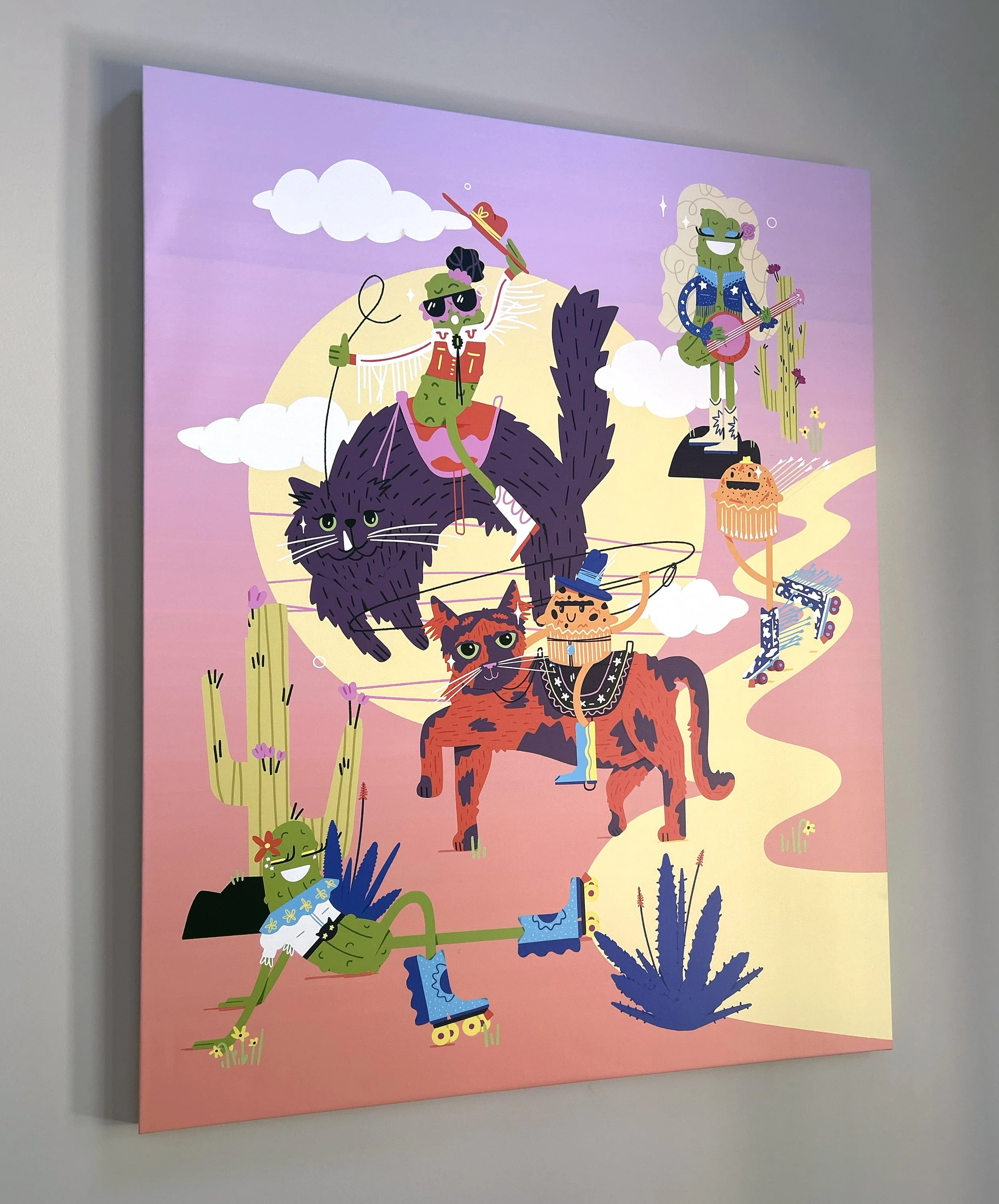 Colorful illustration of cats dressed in clothing, playing musical instruments, and engaging in festive activities against a pink and purple background with cacti, clouds, and a full moon.