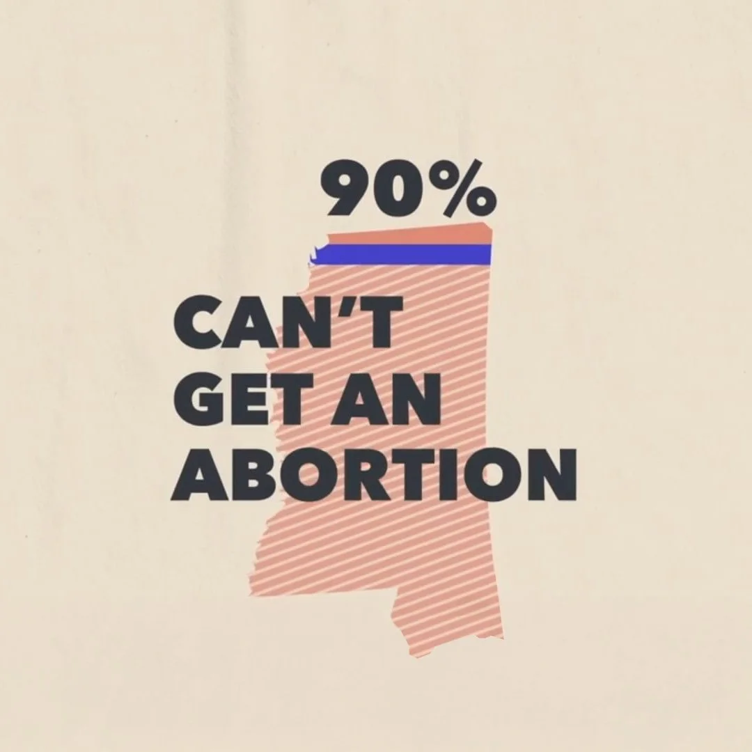 A graphic showing a map of Alabama with a statistic about abortion, stating "90% can't get an abortion."