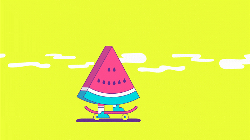 A cartoon watermelon slice with a smiling face, riding a skateboard against a bright yellow background with white clouds.