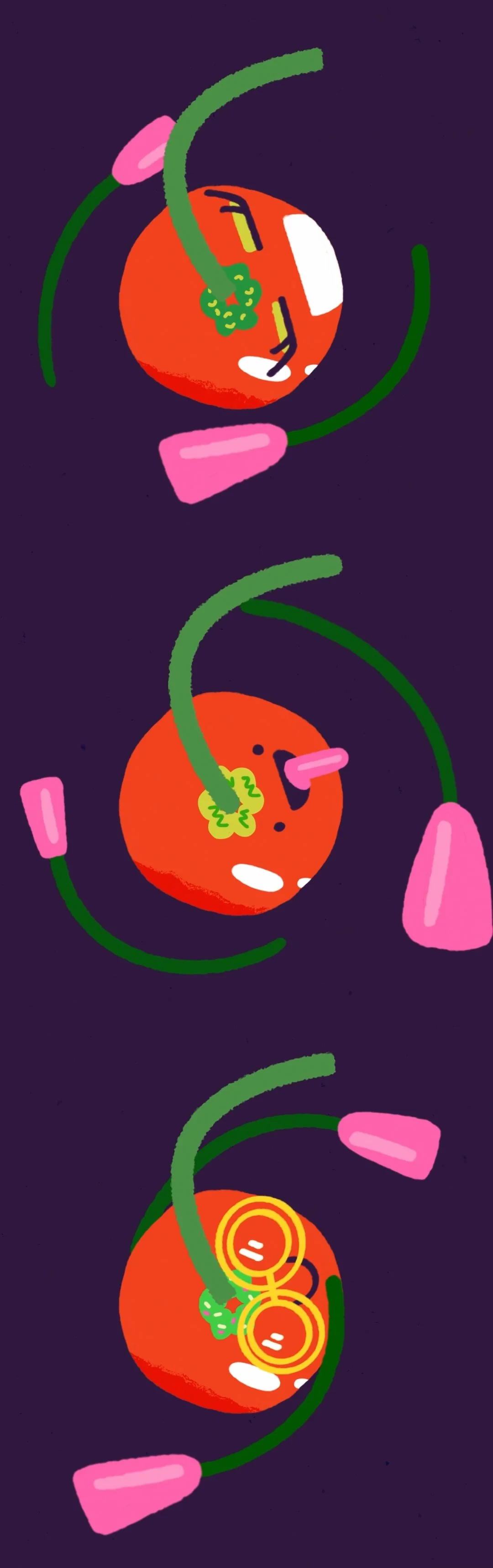 Animated illustration of three tomatoes with earbuds, shown in different stages of hacking or virus infection, connected by a green string with pink earbuds over a dark background.