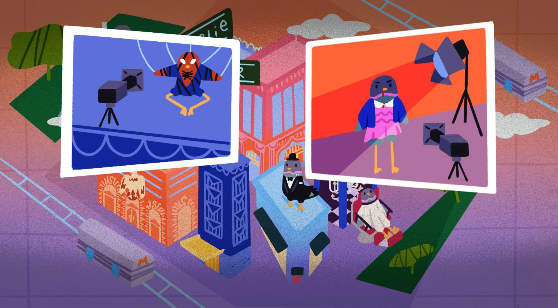 Colorful illustration of a city scene with two large screens displaying puppet show characters, and various animal figures including a dog, eagle, and other creatures around a train and buildings.