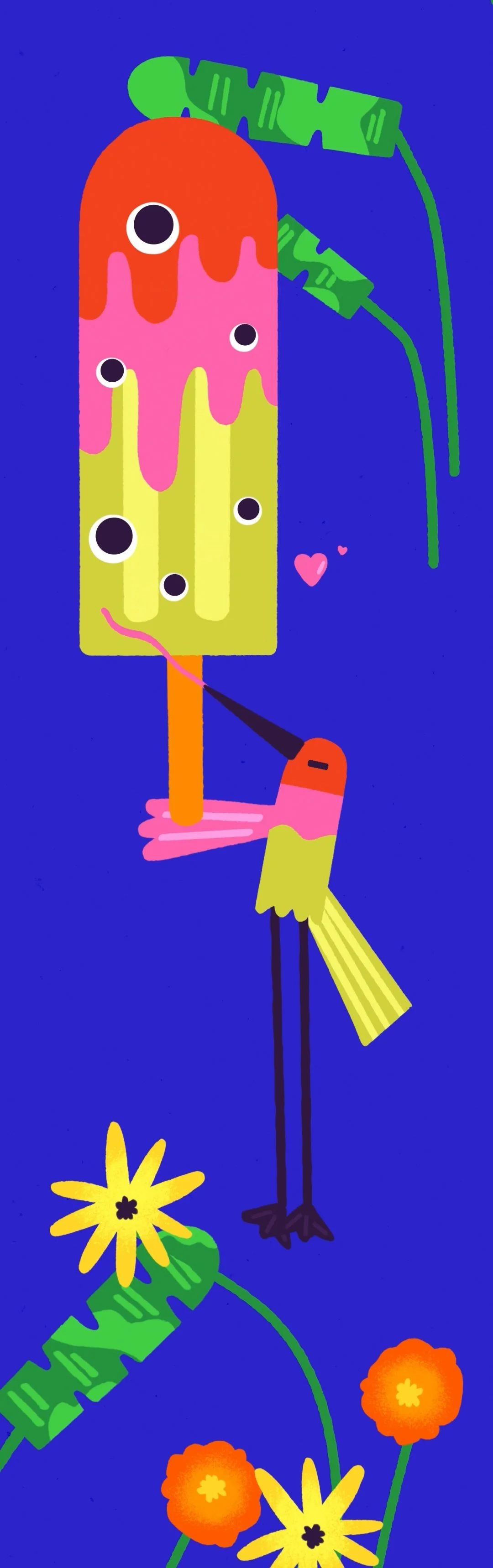 Colorful abstract illustration featuring a rectangular shape with dripping paint in orange, pink, and yellow, decorated with black and white circles resembling eyes, with a yellow beak and bird legs, holding a pink heart. Surrounding green leaves, yellow and orange flowers on a blue background.