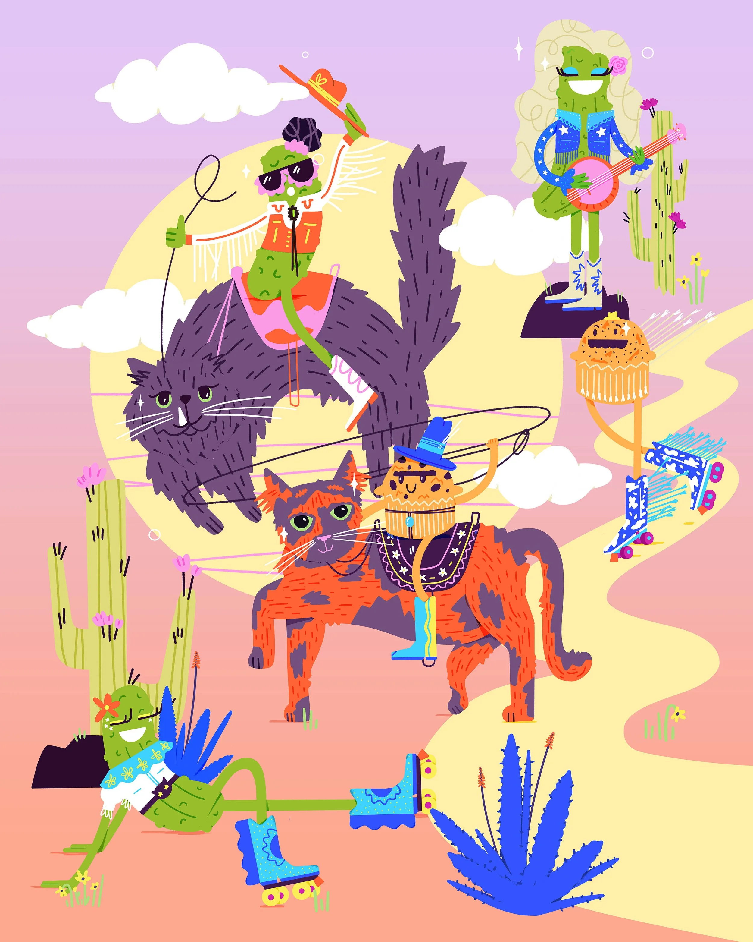 Colorful illustration of animals with human-like characteristics riding roller skates and performing tricks in a desert landscape with cacti, clouds, and a bright yellow sun.