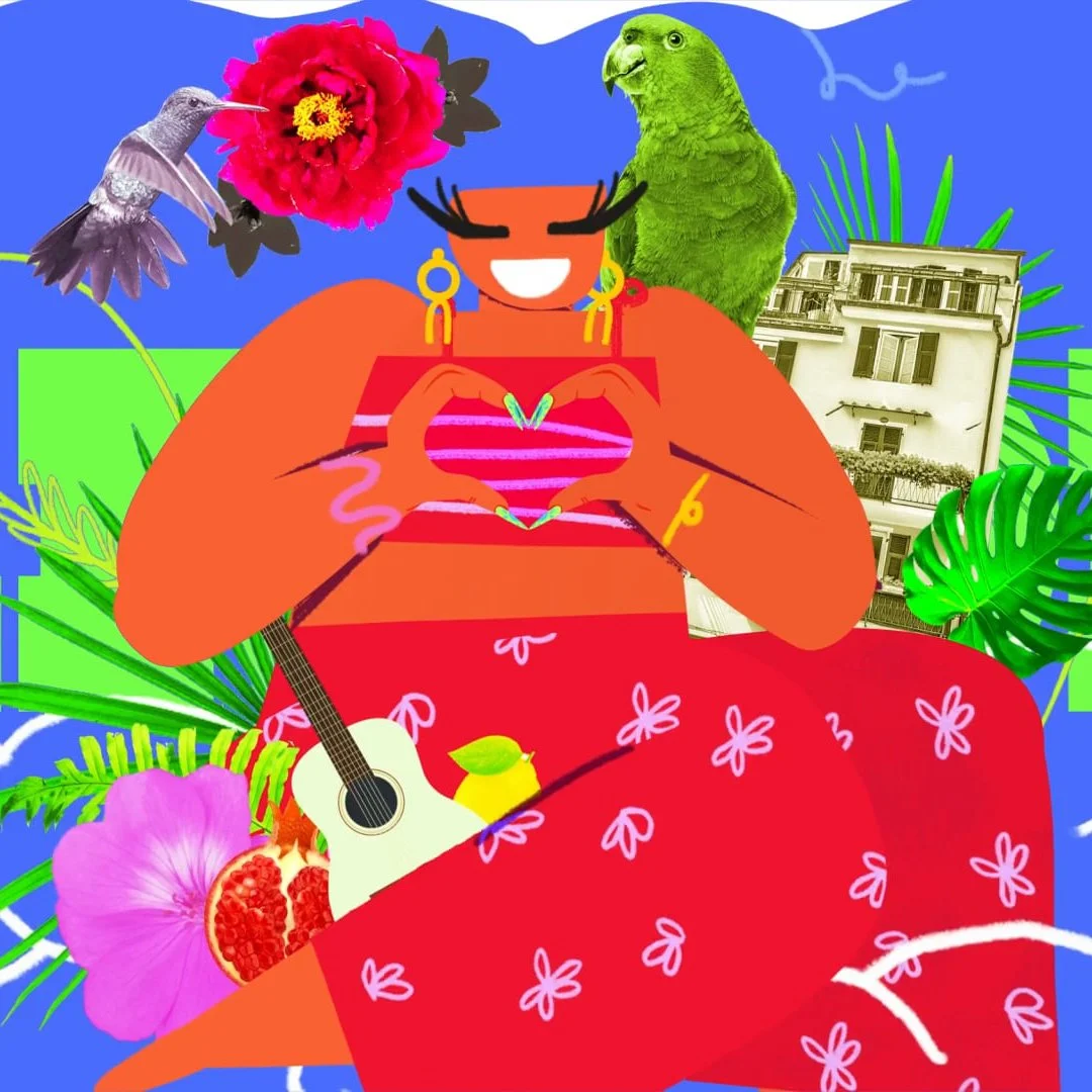 A colorful, animated illustration of a woman with dark skin and black hair making a heart shape with her hands. She is smiling and is surrounded by various animals and decorative elements, including a hummingbird, a green parrot, a flower, a pomegranate, a guitar, a house, and lush green leaves. The background features bright, overlapping blocks of color.