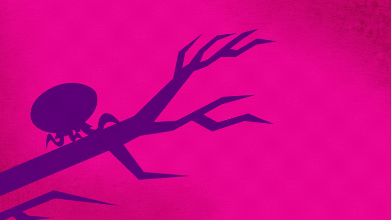 A stylized purple silhouette of a spider and a torn branch on a pink background.