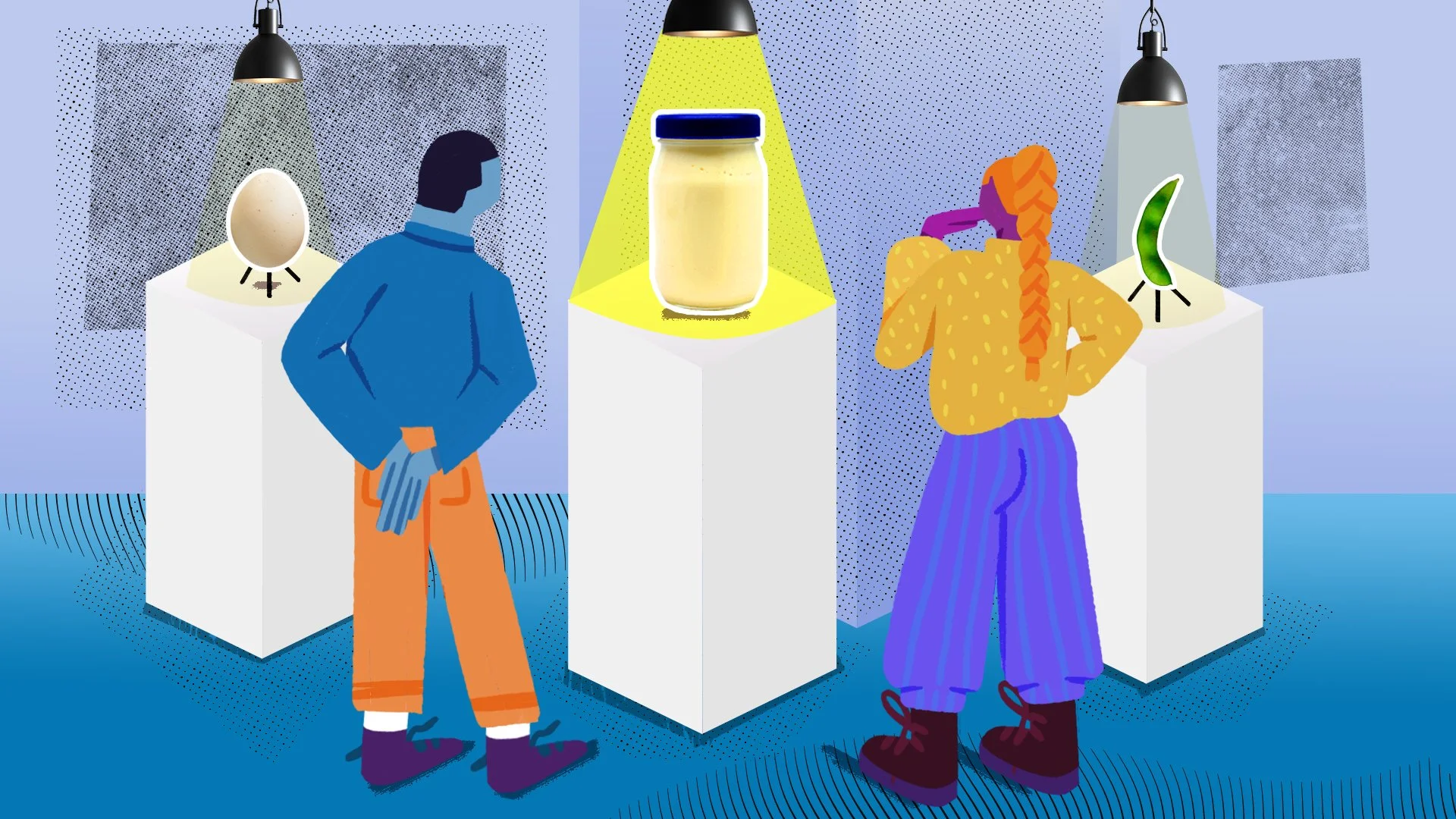 Two people viewing a modern art exhibit at a gallery, each standing in front of displayed art pieces on white pedestals with spotlights overhead. The person on the left has short dark hair and wearing an orange and blue outfit, while the person on the right has long orange hair in a braid, wearing a yellow top and blue striped pants.