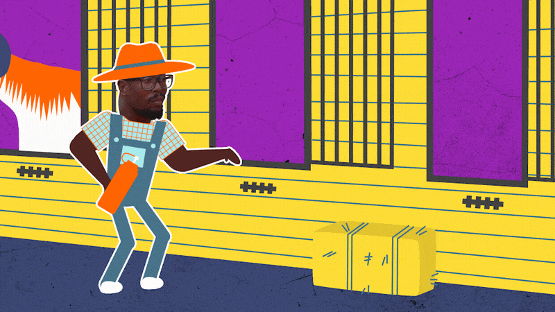 A cartoon of a man with glasses and a beard wearing overalls, a hat, and holding a bottle, standing outside on a wooden porch with yellow walls and purple windows.