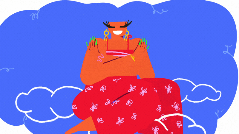 Cartoon illustration of a woman with dark skin and long eyelashes, sitting cross-legged on a cloud, smiling with her arms crossed, wearing a red skirt with a floral pattern, large earrings, and a yellow bracelet, set against a blue sky background with small cloud outlines.