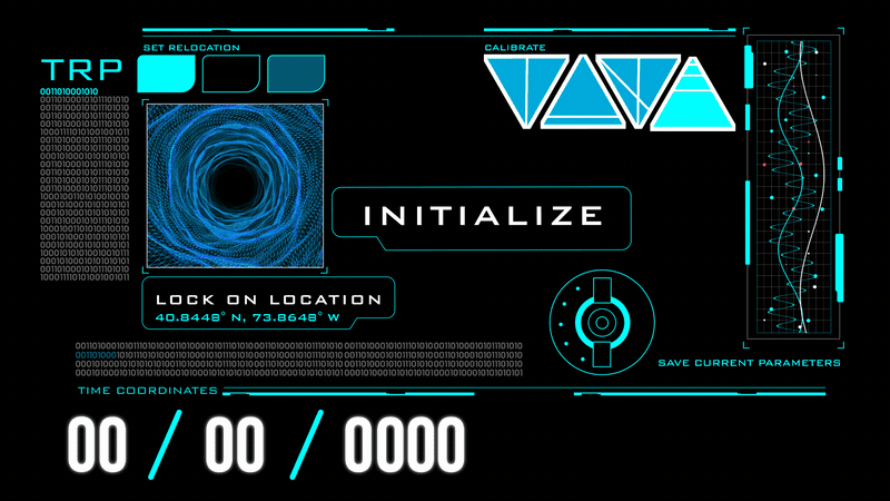 Futuristic digital user interface screen with blue accents, displaying options for setting relocation, calibration, and initialization, with a keypad, fingerprint or eye scanner icon, and a digital DNA strand visualization on the right.