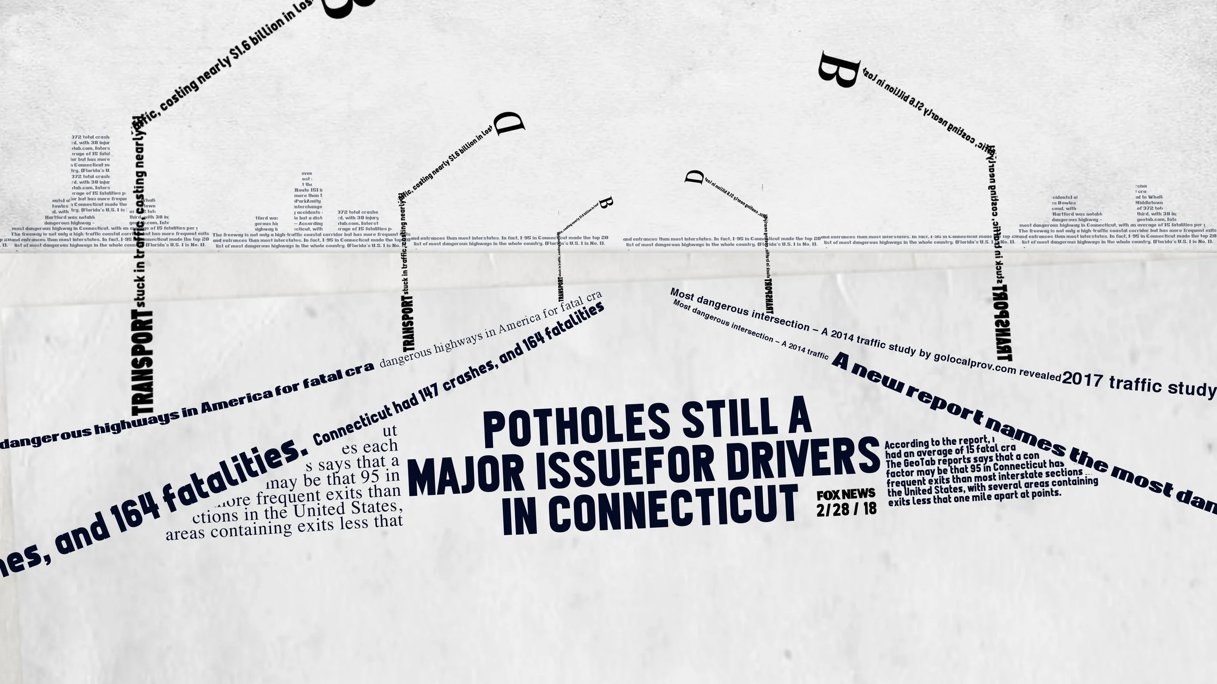 Text-based image discussing potholes and traffic issues in Connecticut, featuring headlines about fatal crashes, traffic fatalities, and a news story from Fox News.