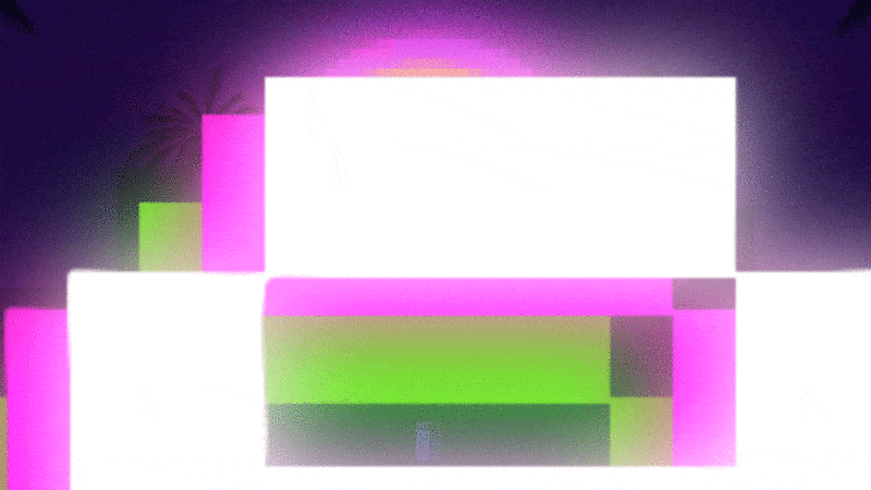 Abstract digital art featuring pink, green, and purple glowing rectangular blocks on a dark background.