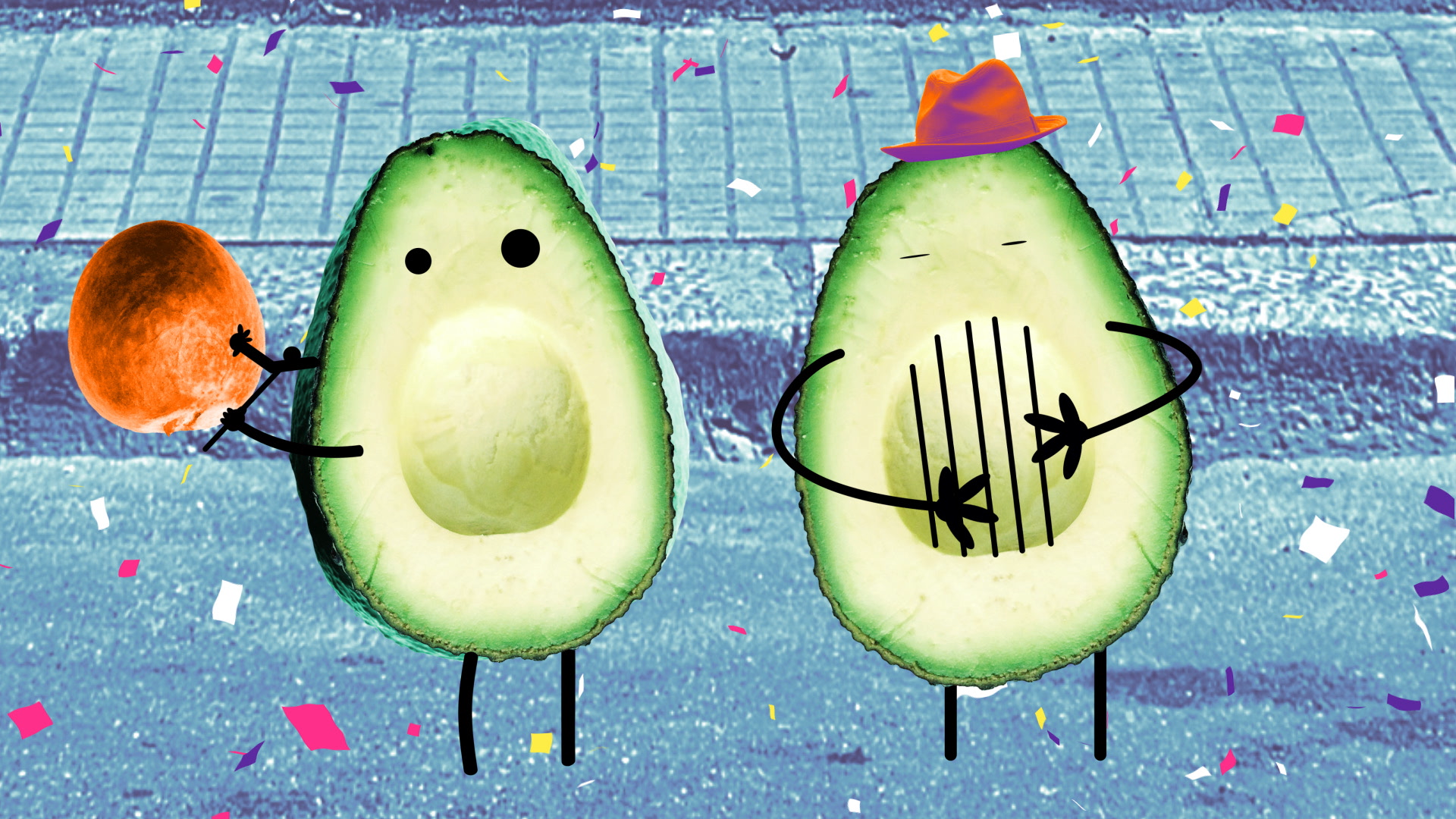 Cartoon-style illustration of two anthropomorphic avocado halves celebrating with confetti. The avocado on the left is holding an orange balloon, and the one on the right is playing a small guitar and wearing a purple hat. The background shows a textured blue surface, with colorful confetti falling around them.