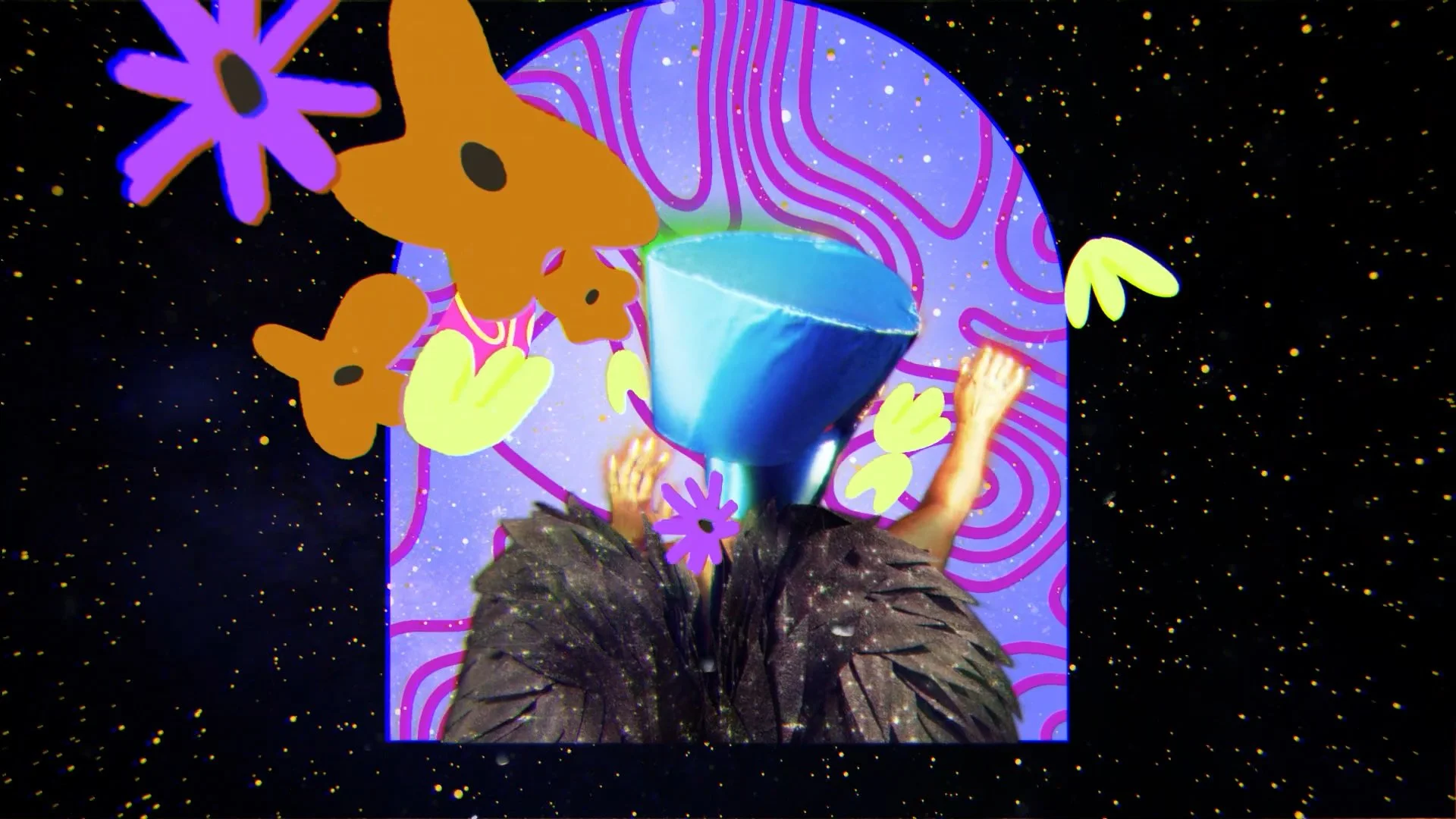 A person with arms raised, wearing a dark feathered outfit, in front of a colorful, surreal background with digital flowers, galaxy, and a large, floating blue cup or vase.