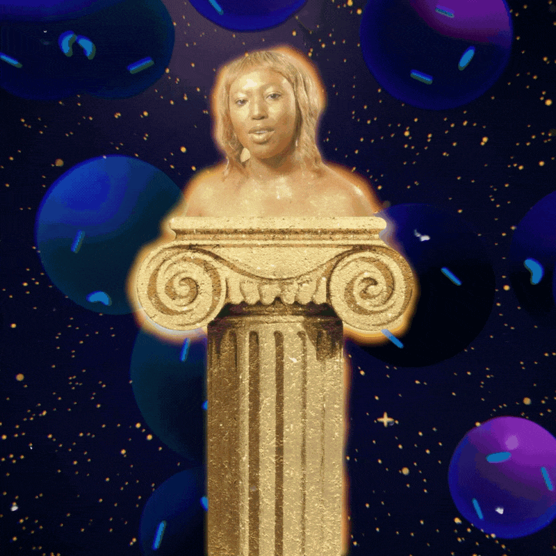 A digital collage features a woman with blonde hair emerging from a classical Greek column against a starry background with floating orbs and confetti.
