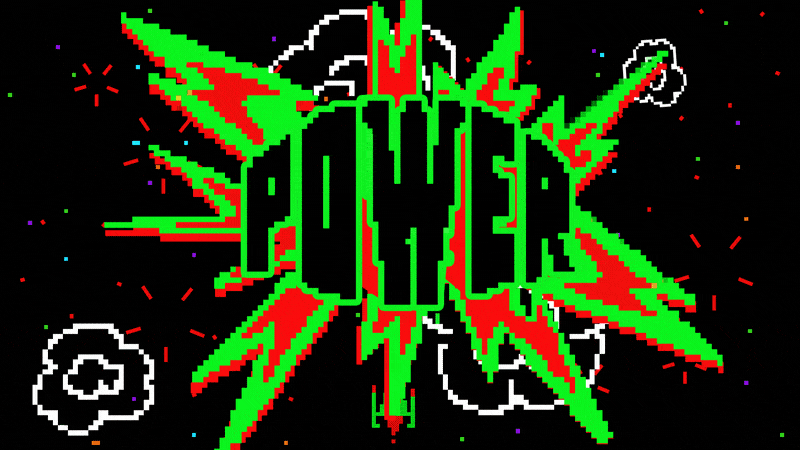 Pixel art explosion with the words 'POW!!!' in the center, surrounded by colorful bursts and clouds on a black background.