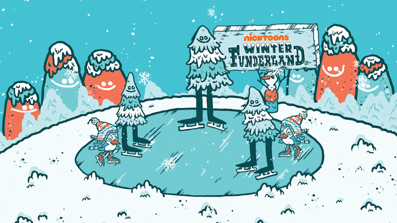 Cartoon of kids ice skating on a rink in a winter landscape with snow-covered trees and mountains in the background, under a sign that reads 'Nicktoons Winter Funderland'.