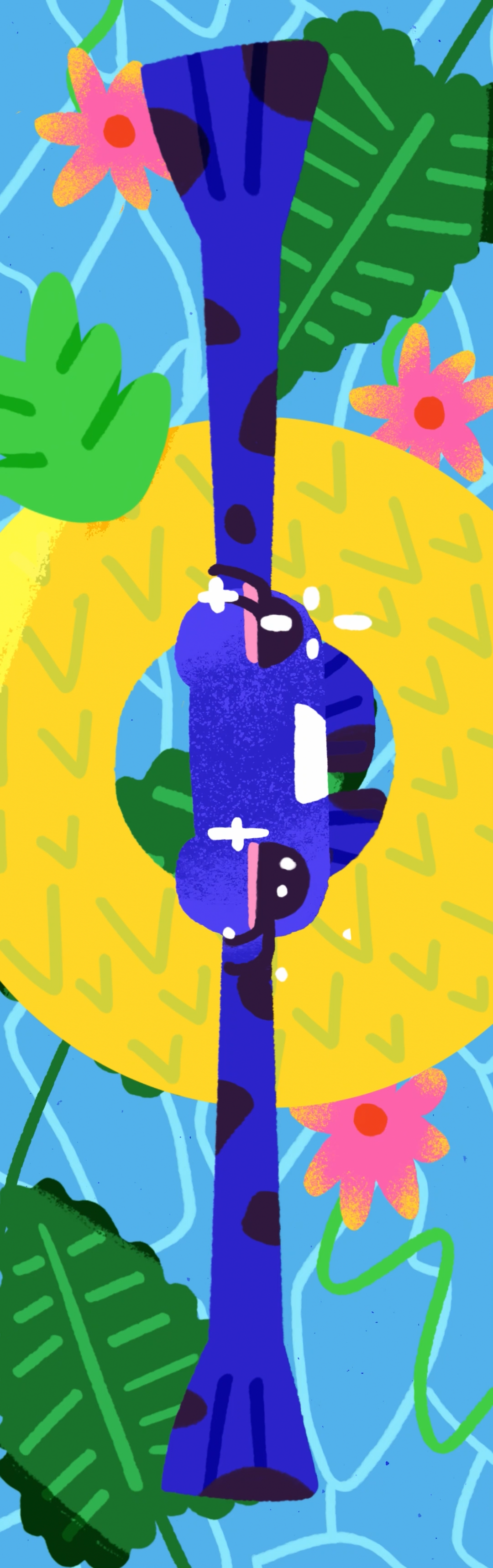 Colorful digital illustration of a blue giraffe with darker spots, featuring an extended neck, surrounded by green leaves, pink flowers with red centers, and a yellow background with green arrow patterns.