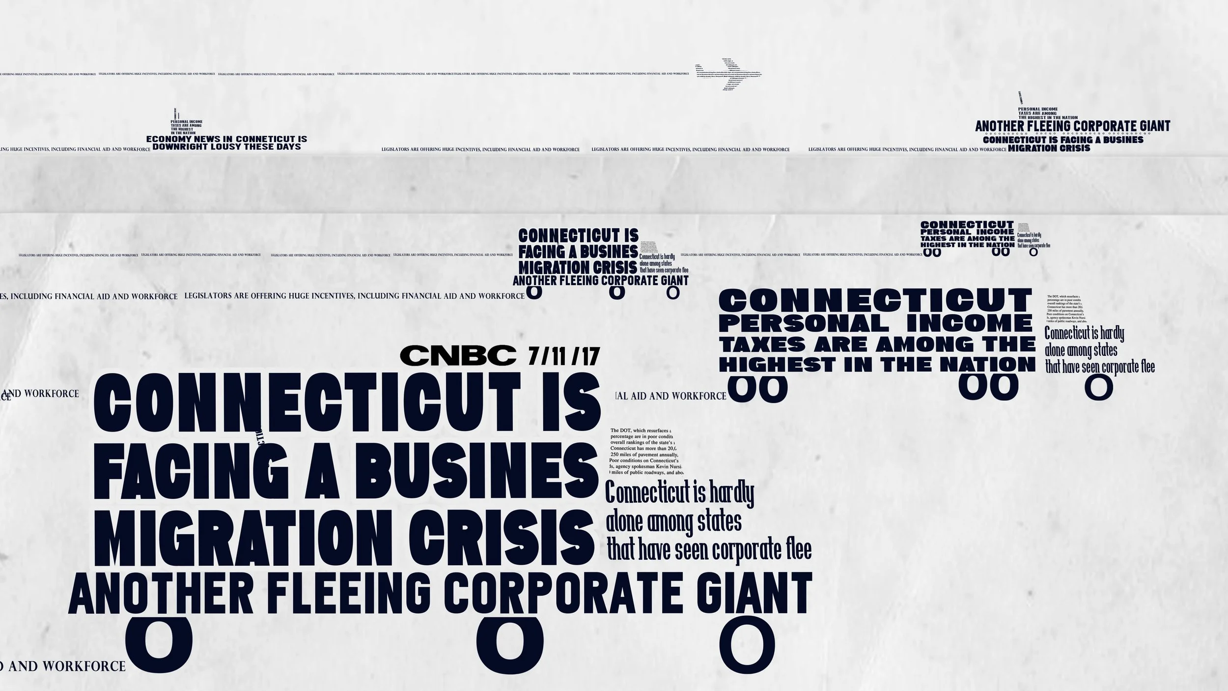 Text-based graphic highlighting Connecticut's economic and political issues, including a business migration crisis, high taxes, and corporate flight, with prominent headlines like 'Connecticut is facing a business migration crisis' and references to CNBC.
