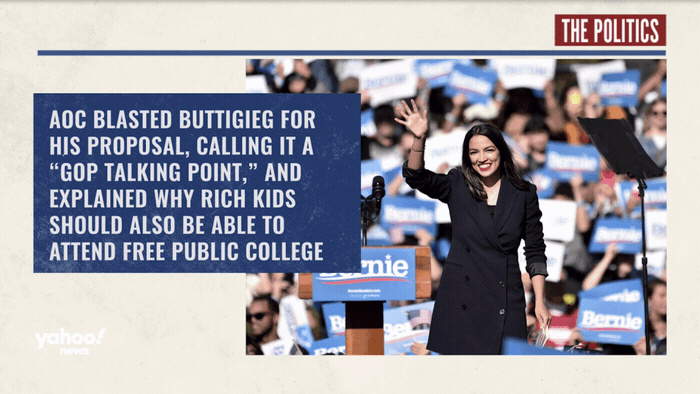 Alexandria Ocasio-Cortez speaking at a rally with a crowd holding Bernie Sanders signs in the background. She is waving and smiling, standing at a podium.