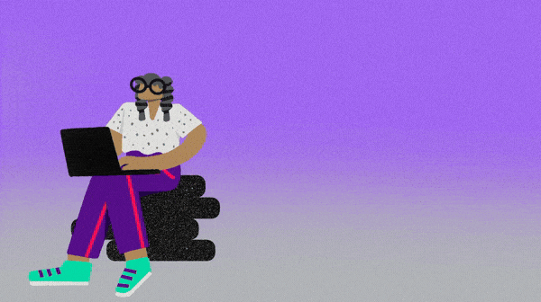 Animated illustration of a person sitting cross-legged on a stack of books, working on a laptop, against a purple background.
