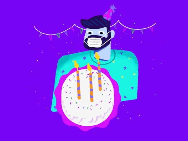 Cartoon man wearing a party hat and face mask, with birthday candles and cake overlay, celebrating against a purple background with bunting and confetti.