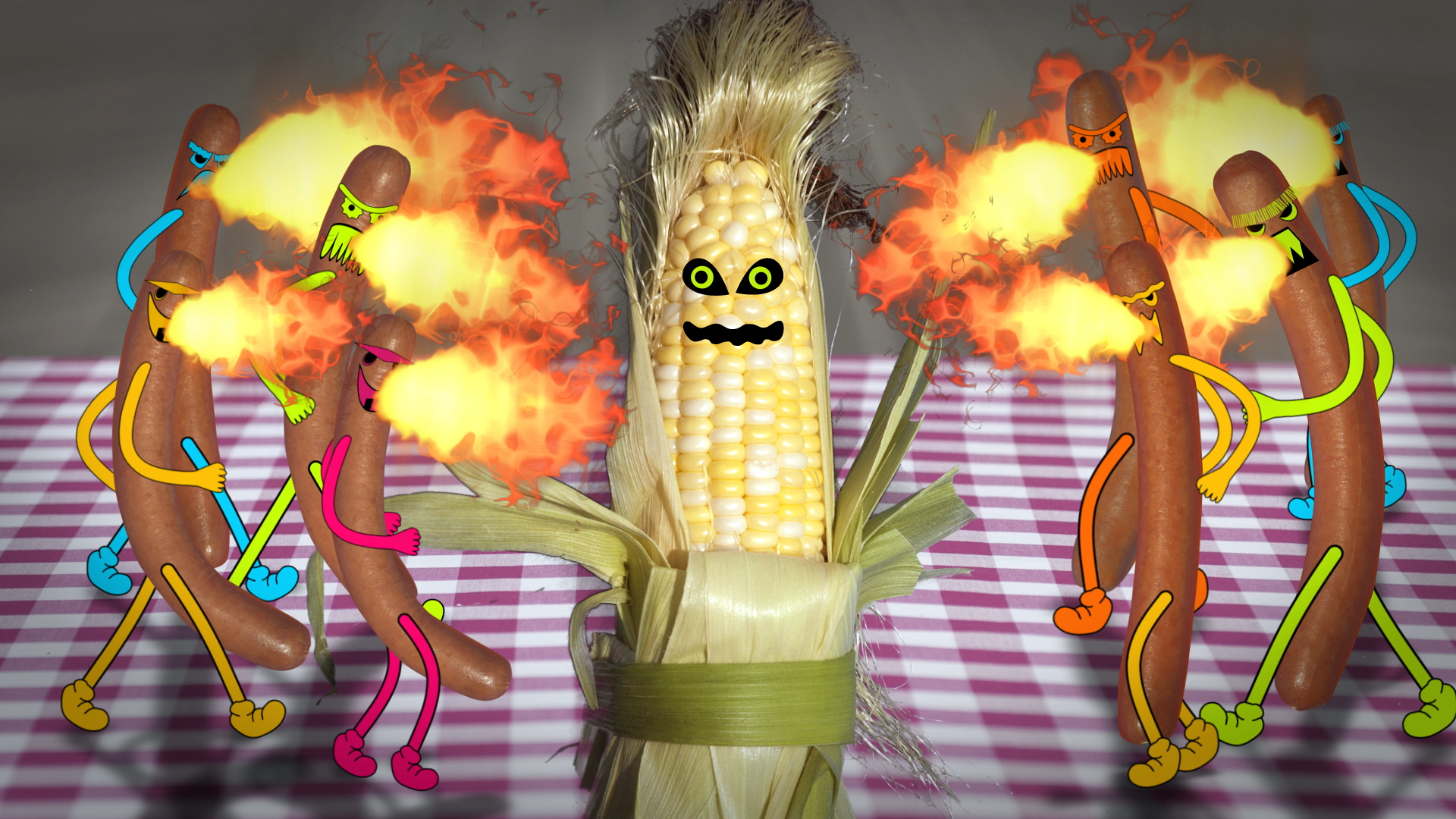 Cartoon hot dogs with arms and legs fighting flames in front of a corn on the cob with a face and hair, on a checkered tablecloth.