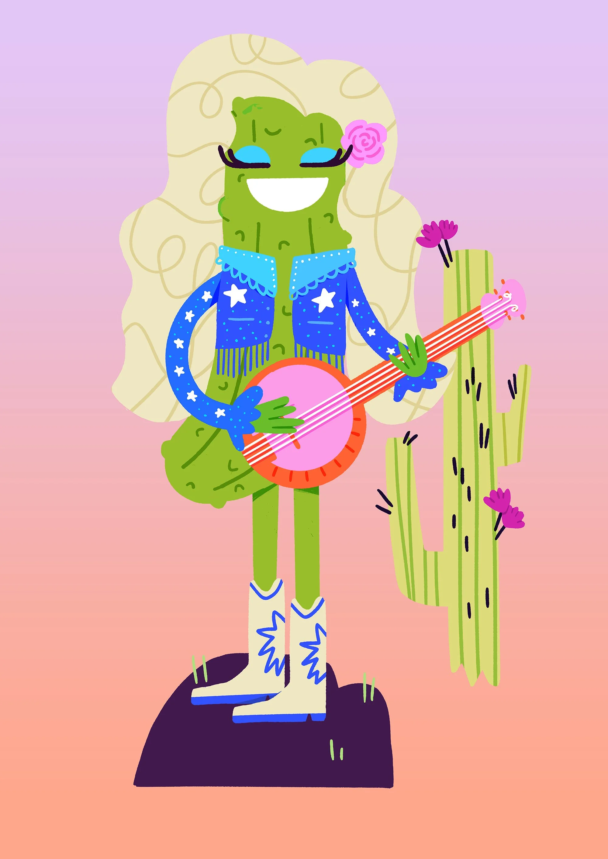 Cartoon cactus character with long, blonde hair playing a pink guitar, wearing a blue starry jacket, white cowboy boots, and standing on a rock beside a cactus with purple flowers, against a pink and purple gradient background.