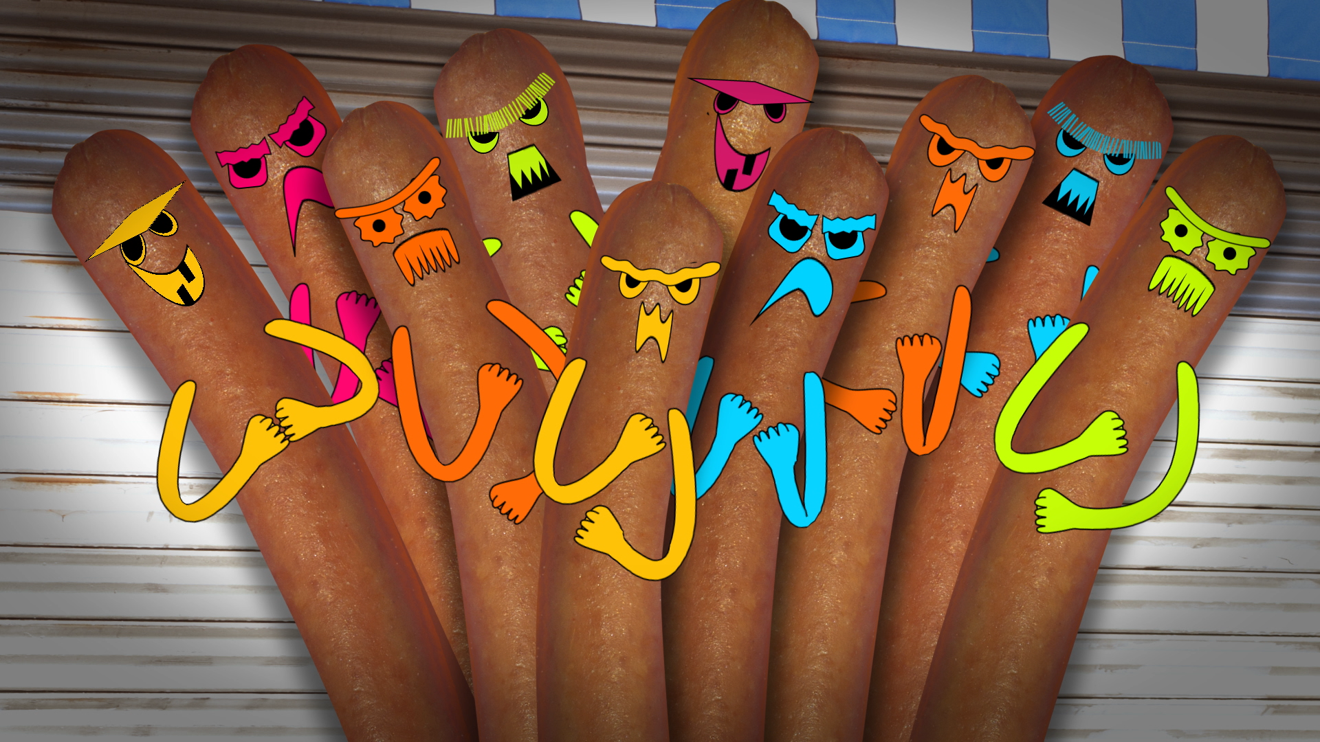 A bunch of hot dogs with colorful, cartoon monster faces and hand-drawn words spelling 'JULY 4' on top.