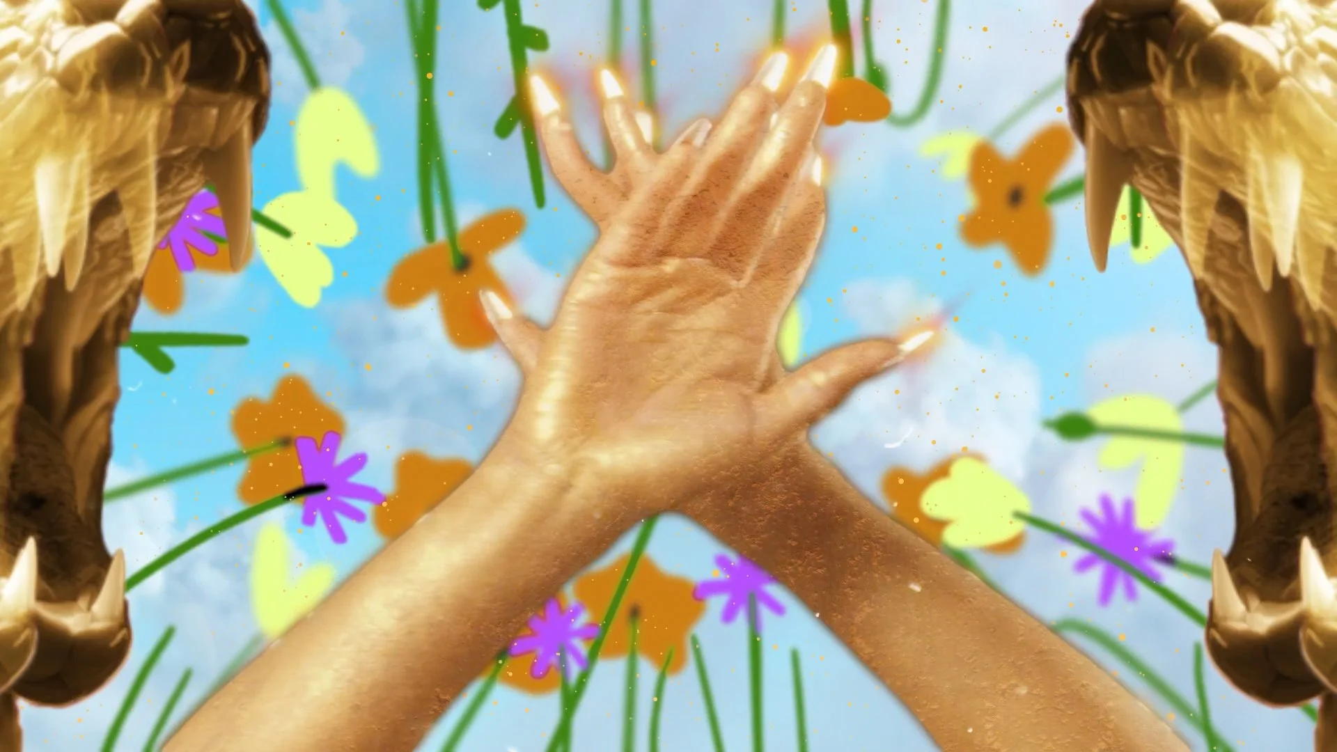 A digital illustration featuring two hands with a metallic or bronze-like finish reaching towards each other against a backdrop of colorful flowers and a bright blue sky, with two large lion's paws on either side.