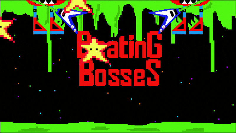 Pixel art style graphic featuring the text "Rating Bosses" with a star character and a colorful, abstract background.