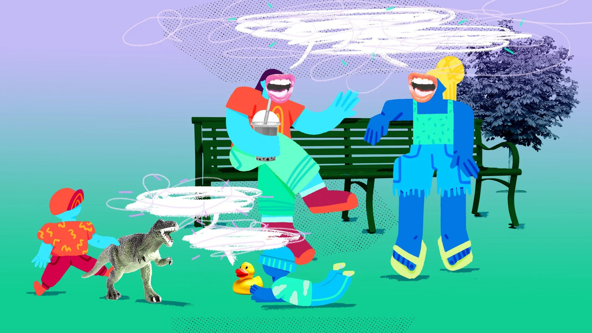 Illustration of four people and a dinosaur talking on a park bench and near the grass, with a tree in the background. The scene is colorful and stylized, with exaggerated facial expressions and speech bubbles.