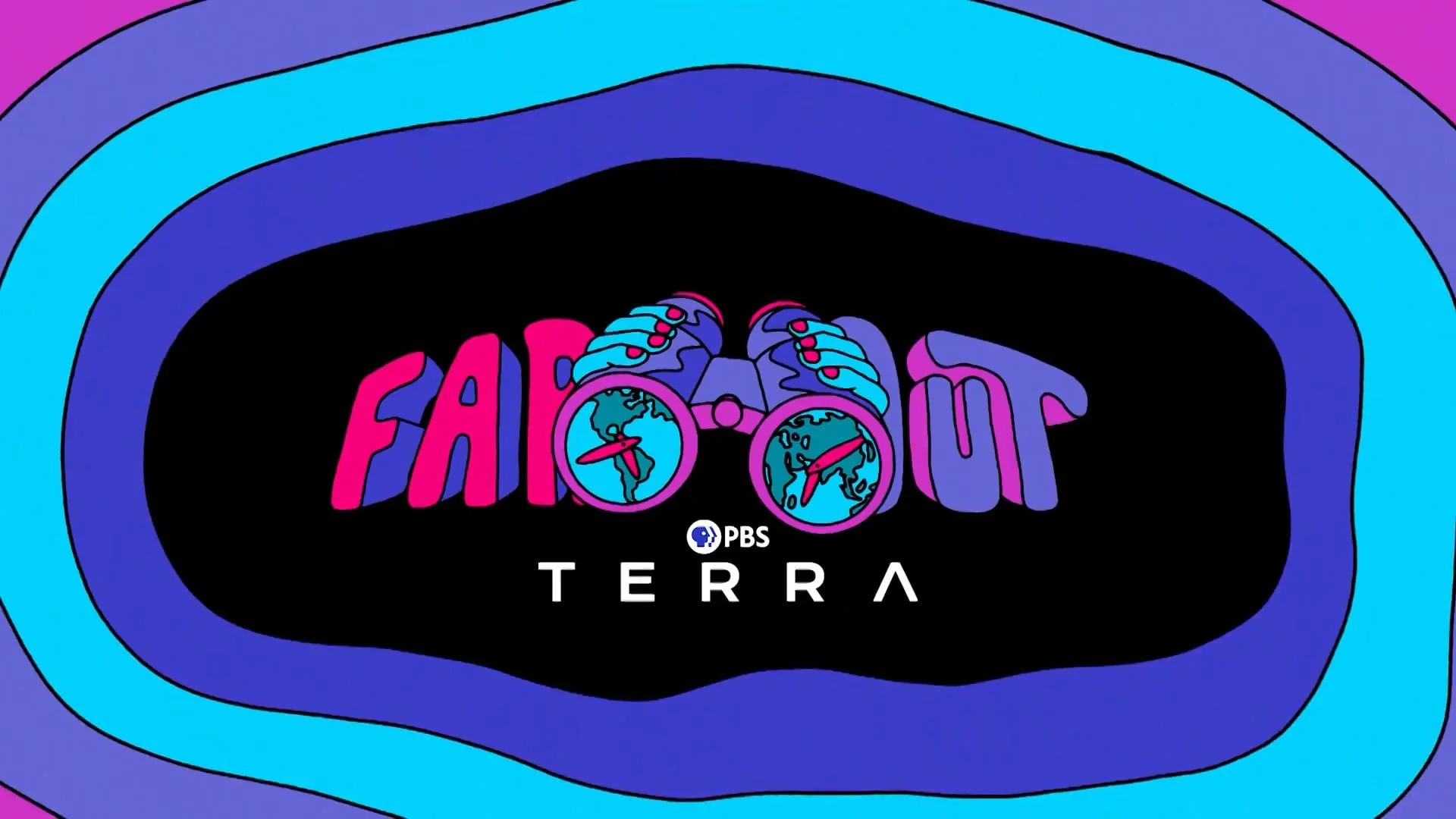 Colorful digital illustration with a black background, featuring the words "FACTUAL" in pink letters and "OUT" in purple letters. The "O" in "OUT" is a globe with a clock face. In the center, there are sneakers with laces, and below, the PBS logo with the words "TERRA." The entire scene is surrounded by concentric, wavy bands of purple, blue, and pink.