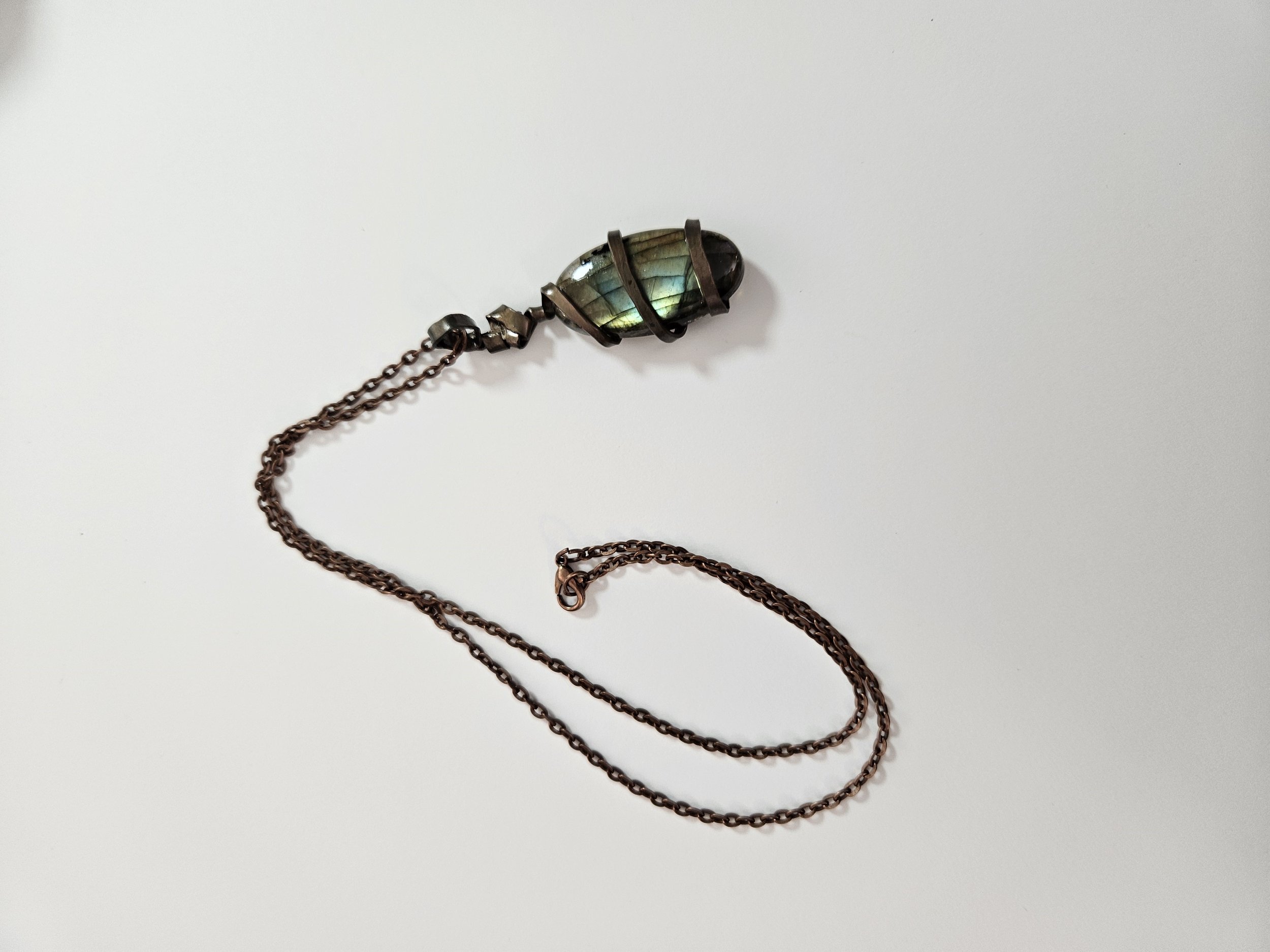 Oval Laborite with Tarnished Copper Wire Wrapped Necklace with 18 inch Red Copper Chain
