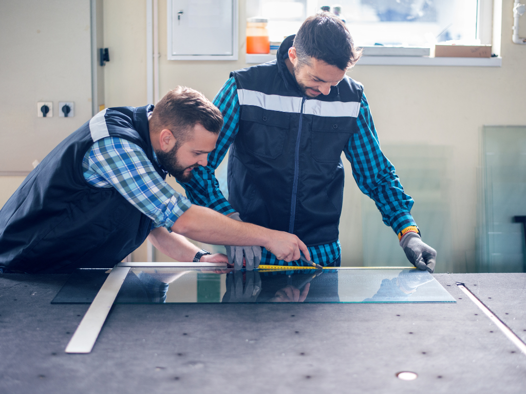 Deux hommes mesurant une feuille de verre avec un ruban à mesurer dans un atelier.