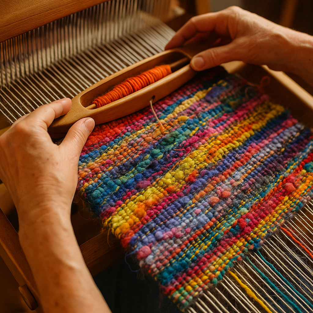 “Hands weaving vibrant textured threads on a loom, symbolizing difference, belonging, and collective strength.”
